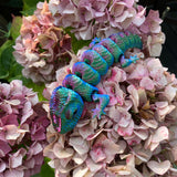 3D printed articulated small chameleon reptile in red blue green colourway Pilola