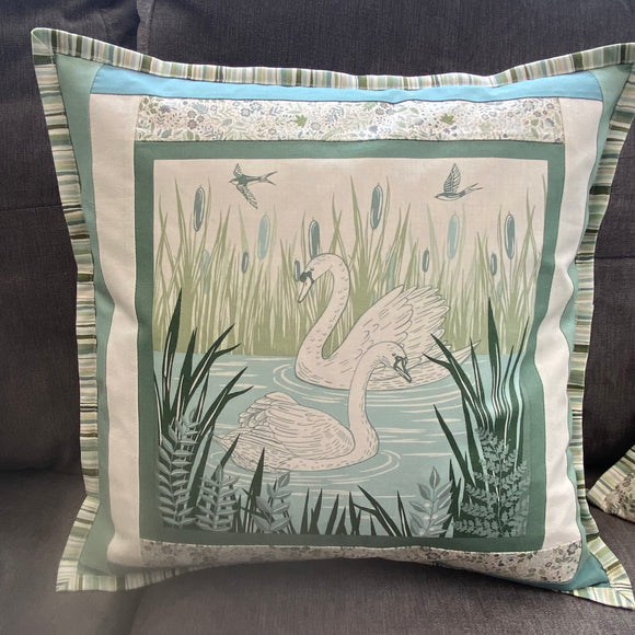 Limited Edition Cushion Inspired by Nature Cotton Quilted Borders Swans